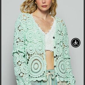 POL Light Green Crochet Cardigan